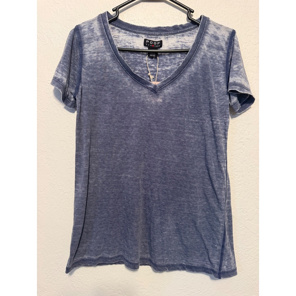 Poof New York Womens Acid Wash V-Neck Short Sleeve Tee Blue M 12160U